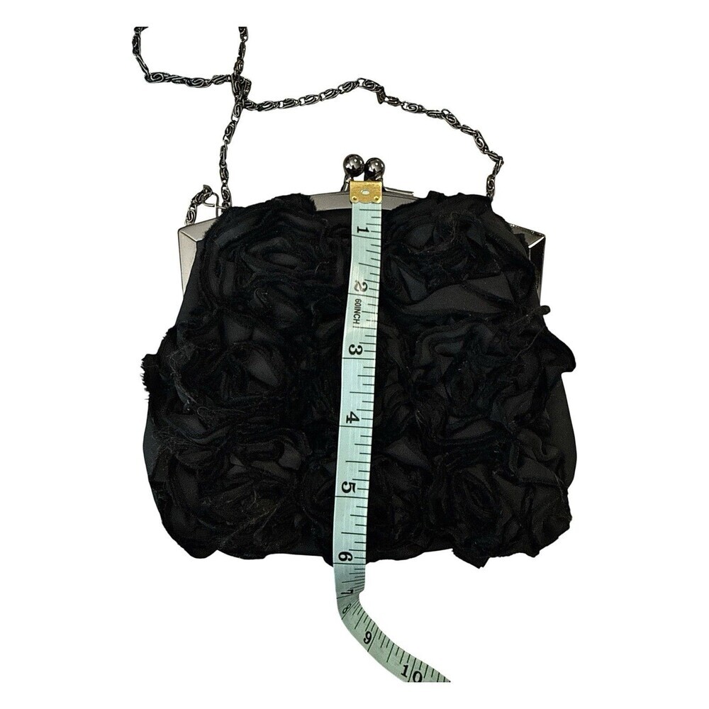Lulu Townsend Black Rosette Evening Bag Satin Clutch Chain Strap Kiss Lock Purse - Picture 9 of 9